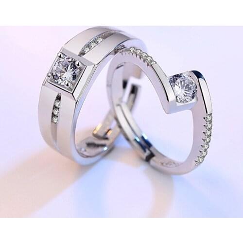 Romantic Couple Rings Cubic Zirconia Crystal Geometric Opening Ring Band Engagement Wedding Rings Gifts Valentines Day Present