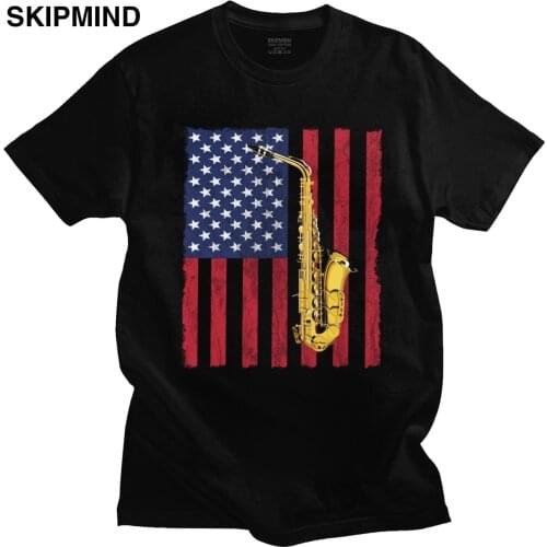Retro Saxophone American Flag T-shirt Men Short Sleeve Streetwear Sax Lover Saxophonist Tee Tops Cotton Jazz T Shirt Merchandise