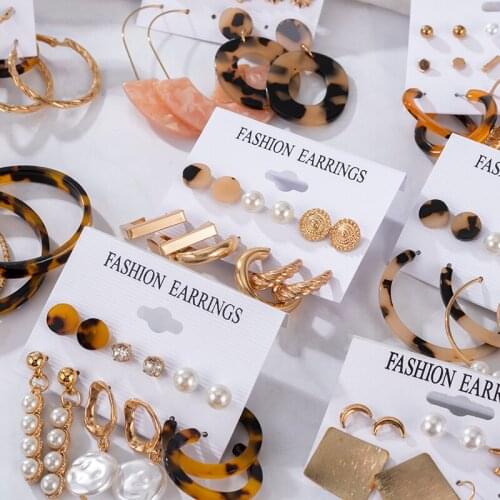 Bohemian Acrylic Hoop Earrings With Charms Set Earrings For Women Tassel Geometric Pearl Pendant Earrings 2021 Trend Jewelry Set