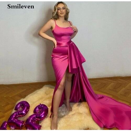 Smileven Spaghetti Strap Hot Pink Evening Dress Mermaid Long High Side Split Prom Dresses New Arrival Celebrity Dresses