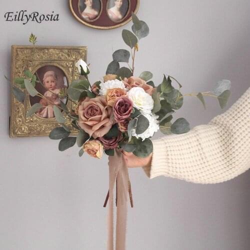 Retro Natural Country Bridal Buquets Hand Tied Artificial Burgundy Holding Flowers Home Decoration Wedding Accessories for Bride