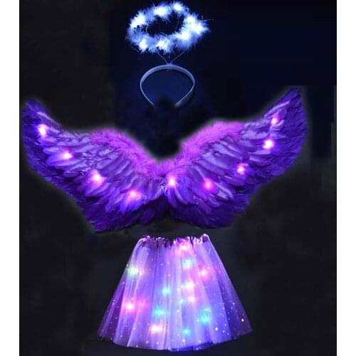 LED Light Kids adult Feather Angel Wings Cosplay Party Costume Skirt Headband Wings Festival Carnival Clothing Accessories