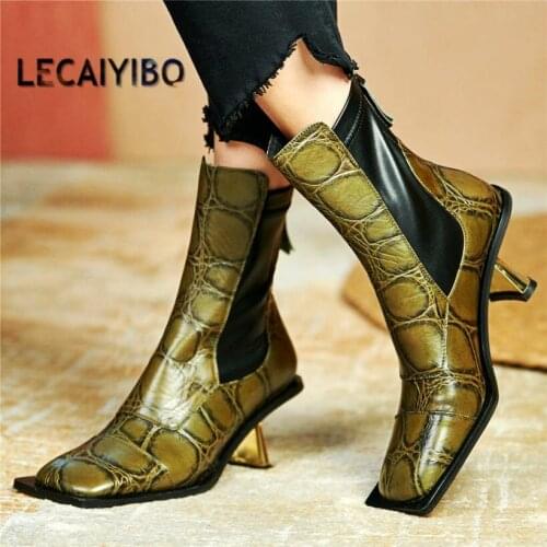 Party Fashion Pumps Women Genuine Leather Ankle Boots Square Toe Mid Heels Sexy Motorcycle Party Pumps Shoe 34 35 36 37 38 39