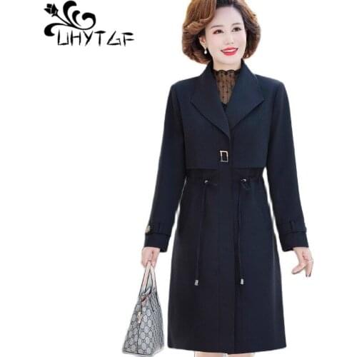 UHYTGF Womens Windbreaker Stitching Casual Mom Long Outwear Fashion Single Breasted Spring Autumn Trench Coat 5XL Plus Size 2231