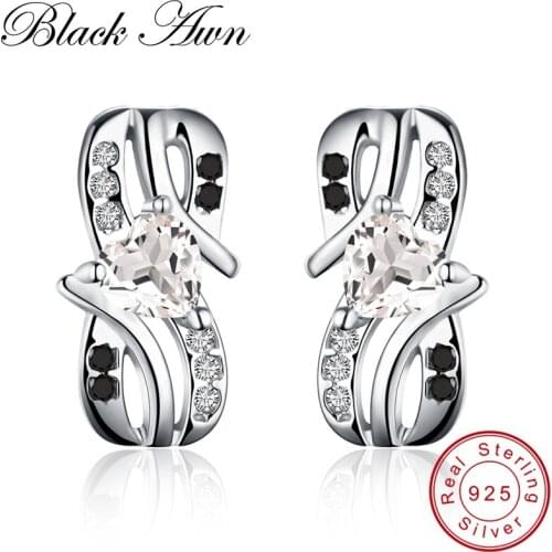 [BLACK AWN] Genuine 1.5g 925 Sterling Silver Fine Jewelry Black Spinel Bow-knot Heart Wedding Stud Earrings for Women T091