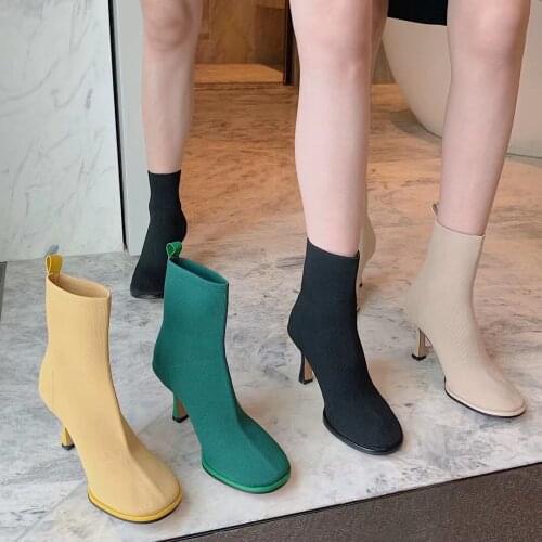 Women Sock Booties Knitting Boots Round Toe Thin High Heels Yellow/Green/Black/Beige Stretch Boots Autumn Winter Boots Shoes 39