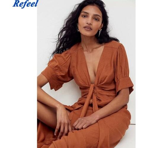 Summer Long Dress 2021 Za Women Fashion Tied Ruched Midi Dress Women Cotton Vintage Short Sleeve Vacation Elegant Casual Dresses