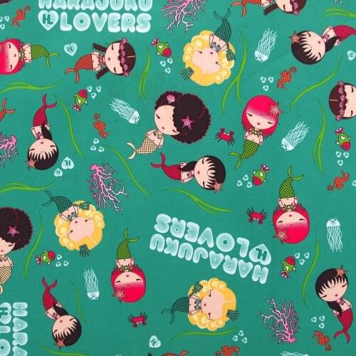 1 yard 230T Polyester/PVC coated Waterproof Fabric for bag,- Mermaid on green background (width=140cm)