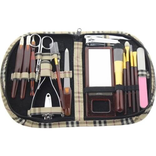 18 in 1 Women Girls Gift Travel Nail Care Manicure Makeup Brush Set Kit Tool Include Nail File Clipper Tweezer Mirror Scissor