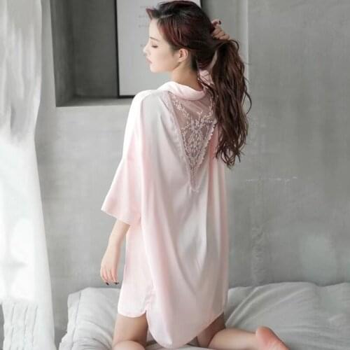 2021 Sexy Sleepwear Women Lace real Silk Satin NightDress Half sleeve Nightwear Sweet Nightie Home Spring Summer Clothes XXL
