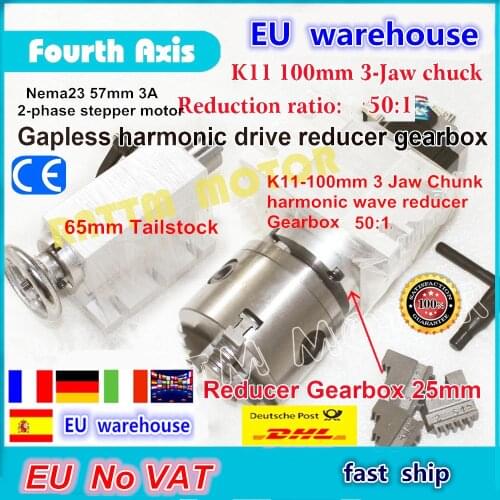 EU free VAT 4th rotary axis Gapless harmonic reducer Gearbox 3 jaw K11-100mm dividing head&65mm Tailstock for CNC Router Milling