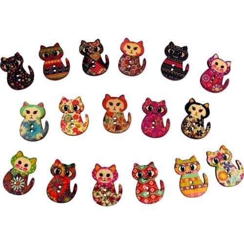50pcs Wooden Patterned Cat Buttons DIY Crafts Embellishments Card Toppers Sewing Accessories 30x21mm