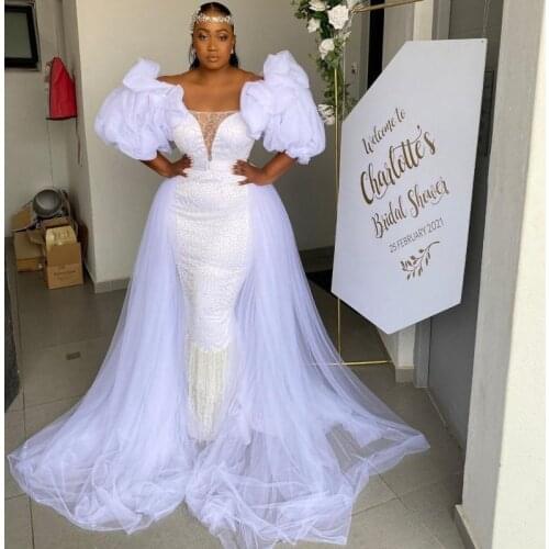 African Overskirts Wedding Dresses Mermaid Scoop Sheer Neckline Purry Sleeves Plus Size Lace Bridal Dress With Detachable Train