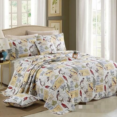 Free shipping American style 3pcs bird patchwork quilt full/queen size cotton clip printing bed cover/bedspread AN