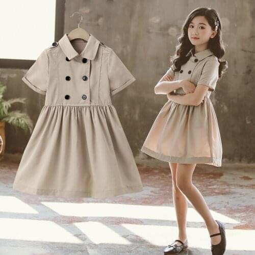 Buttons Pleated Western Style Childrens Clothing Dress For Kids Girl Students School Clothing Khaki Dress Size 6 8 10 12 Years