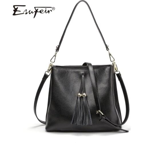 ESUFEIR Brand Genuine Leather Women Handbag Tassel Bucket Bag Fashion Shoulder Bag Female Messenger Bag Casual Tote for women
