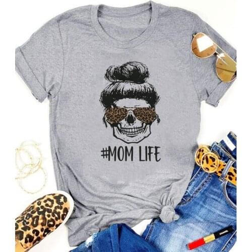 Leopard Skull Mom Life Colored Print T-shirt Funny Women Tired Mom Graphic Tees Tops Trendy Mothers Day Gift Tshirt For New Mom