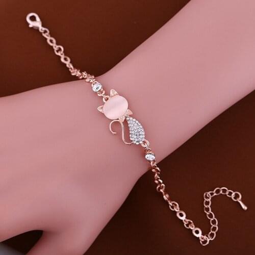 Korean Fashion Lovely Cat Pendant Women Ladies Opal Rhinestone Bangle Bracelet Chain Jewelry Gift Bracelets for Women Dropship
