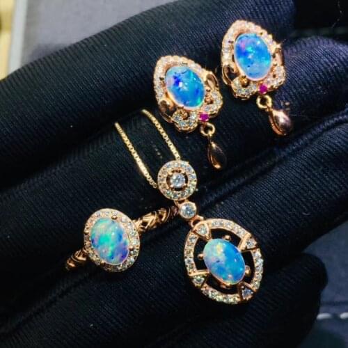 The Best Gift For your mother Opal Set 925 sterling silver Real and Natural Opal Set 1pc Ring,2pcs Earring,1pc Pendant