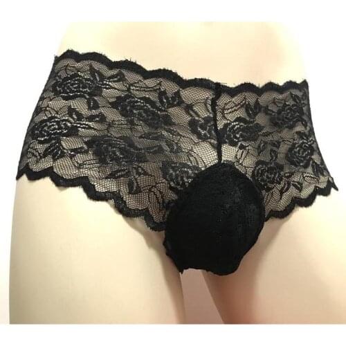 Mens Sheer Floral Lace Briefs Thong T-Back Underwear Under Pants Erotic Fetish Lingerie for Him Sissy Transformation Outfit