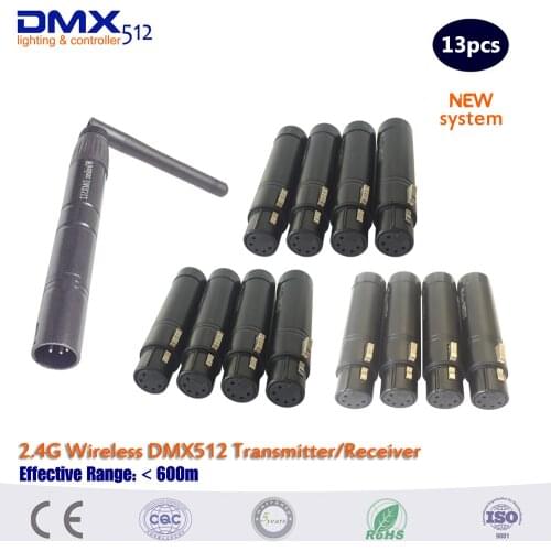 DHL free shipping 13pcs/lot 2.4G ISM 126ch wireless DMX512 5pin XLR transmitter&Receiver adapter stage light