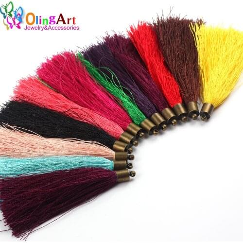 OlingArt 75mm 6pcs Bronze cap mixing color nylon silk tassels DIY Necklace Earrings Jewelry making keychain Pendant 2019 New