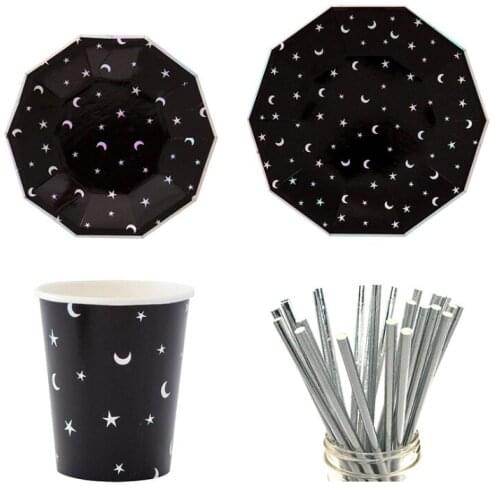 Wholesales Stars And Moon Paper Plates Dishes Cups Straws Black And Silver Sets Club Bar Party
