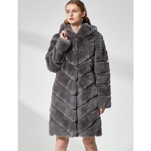 Winter Fur Coat Women Jacket Long Sleeve With Hood Thick Warm Soft Natural Rex Rabbit Fur Overcoat Plus-size