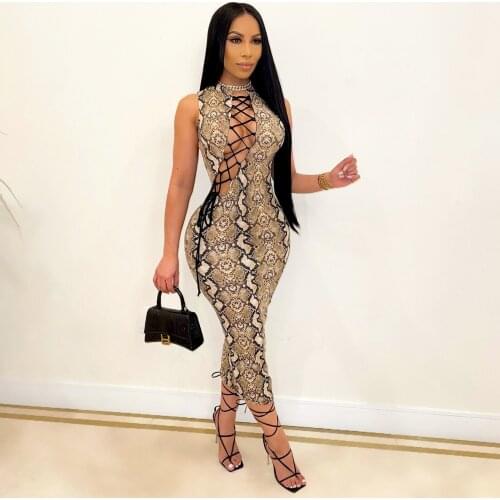 VAZN Top Quality 2021 Hole Out Print Sexy O-neck Party Maxi Dress Women Elegant Fashion Slim Dress Club Birthday Shinny Dress