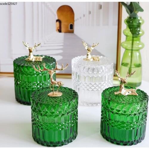 French Elk Glass Storage Jar Luxury Green Jewelry Cotton Swab Box Desktop Small Object Storage Aromatherapy Candle Bottle Decor