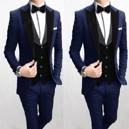 One Button Navy Blue Wedding Men Suits Peak Lapel Three Pieces Business Groom Tuxedos (Jacket+Pants+Vest)