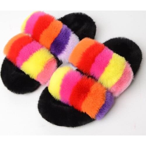 Womens/Mens Winter Faux Fur Slippers Indoor Warm Home Shoes Cute Ladies Furry Flip Flops Female Rainbow Plush Couple Slides