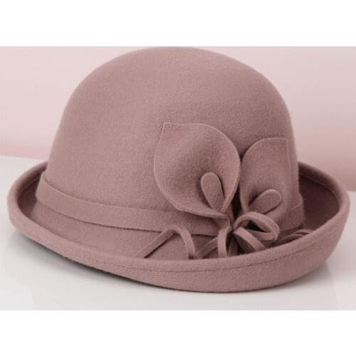 Lady Fedoras Hat Female Woolen Dome Cap Autumn and Winter English Elegant Wool Basin Hats Flower Leisure Joker Hat Adjust B8962