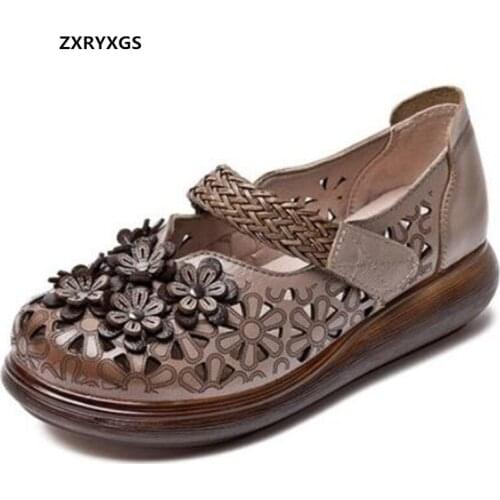 Promotion 2021 Summer Classic Flower Hollow Genuine Leather Sandals Women Fashion Sandals Flat Comfortable Sandals Women Sandals