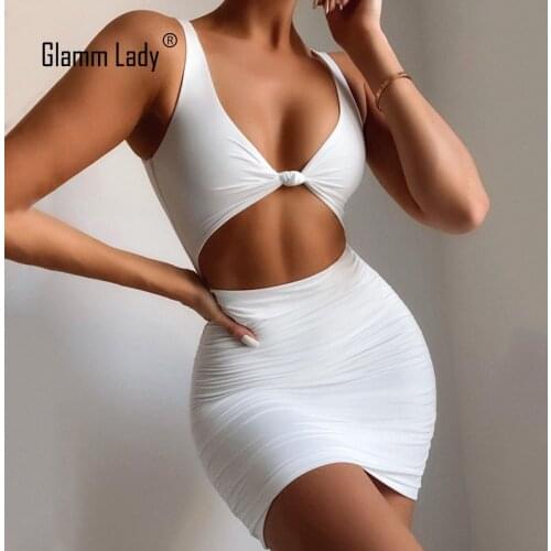 Glamm Lady Party Sexy Summer Dress Women Mini White Dress Club Backless Casual Black Bodycon Dress Hollow Out Solid Vestido 2021