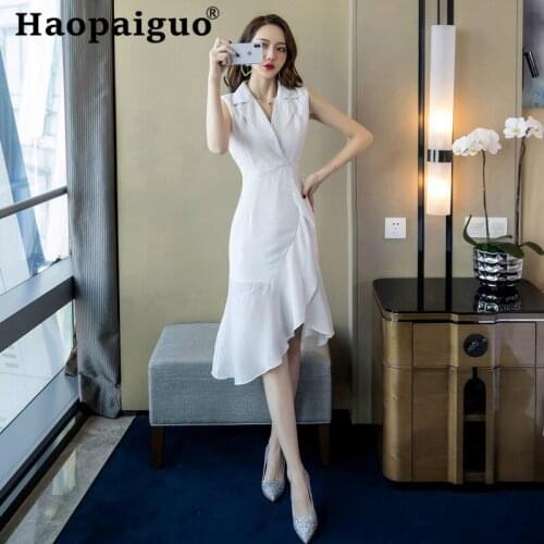 OL Office Work Ladies Dresses Summer Sleeveless Notched Midi White Dress Women Empire Ruffles Bodycon Bandage Dress Women Vadim