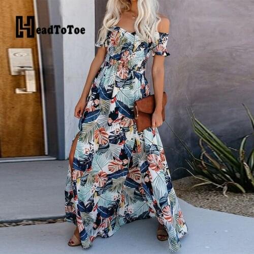 Tropical Print Frill Hem Off Shoulder Beach Style Bohemian Dress Women Short Sleeve Slash Neck Fit Flare Casual Dresses
