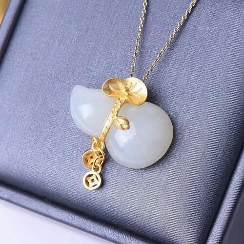 Gourd Vintage Fashion Jade Gemstones Pendant Necklaces for Women 18k Gold Color Choker Fine Jewelry Bijoux Lucky Gifts Accessory