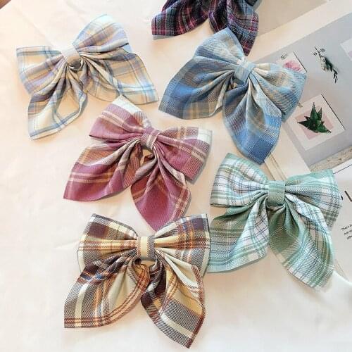 5pcs/lot Fashion High School Teen Girls Uniform Plaid Fabric Hairgrips Bows Cute Ladies Hair Clip Bow Ties Large Bow Accessories