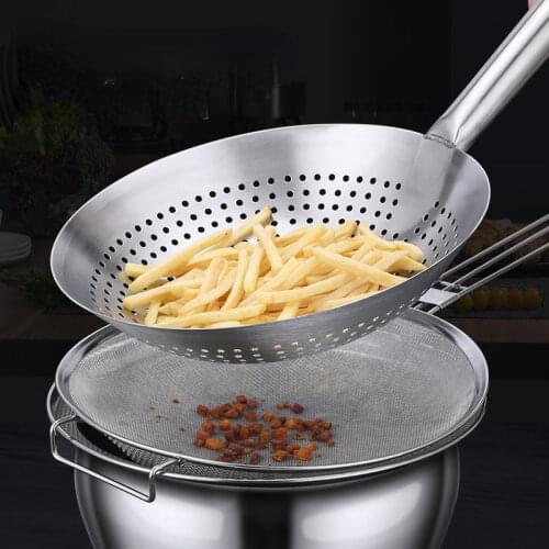 Large Big Thick Stainless Steel Mesh Strainer Colander wok wooden Handle Cookware Oil Flour Sifter Colander Kitchen Cooking wok