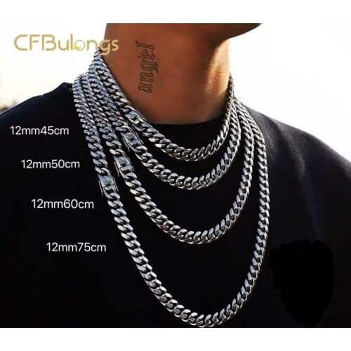 CFBulongs Vintage Stainless Steel 12mm Miami Curb Thick Cuban Chain High Quality Polished Rapper Necklace Men Jewelry