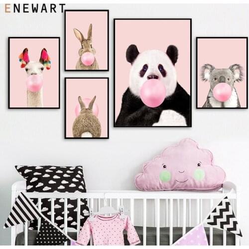Pink Bubble Bunny Panda Picture Cute Animal Nursery Wall Art Poster Canvas Print Painting Nordic Baby Bedroom Decoration