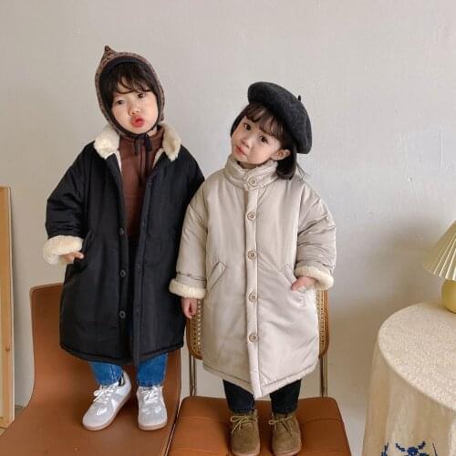 Childrens Mid Long Pure Color Cotton Padded Jacket With Cashmere For Boys And Girls Winter Warm Standing Collar Cotton Padded J