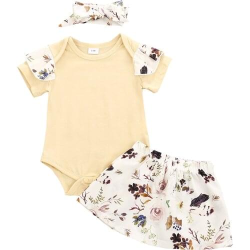 Baby Girls Rompers Party Clothing Sets Flower Patches Sleeve Playsuit Flower Print Skirts Birthday Infant Girl Outfits 3PCs