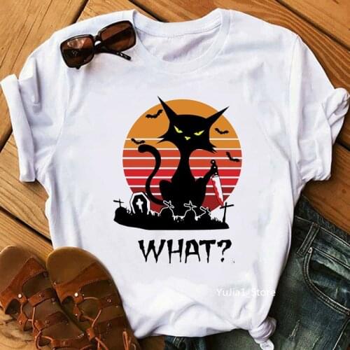 Black Cat What Graphic Print Tshirts Women Murderous Cat Knife T Shirt Femme funny summer tops Female T-Shirt Harajuku Shirt