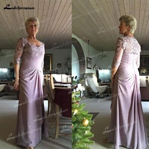 Three Quarter Lace Chiffon Floor-Length V Neck Mother Of The Bride Dresses Simple Elegant Newest Elegant Abito Mamma Sposa 2021