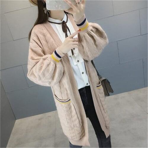 Fashion Winter Autumn Long Female Cardigans Lantern Sleeve Casual Knitted Sweaters Oversize Loose Korean Style Long Cardigans790