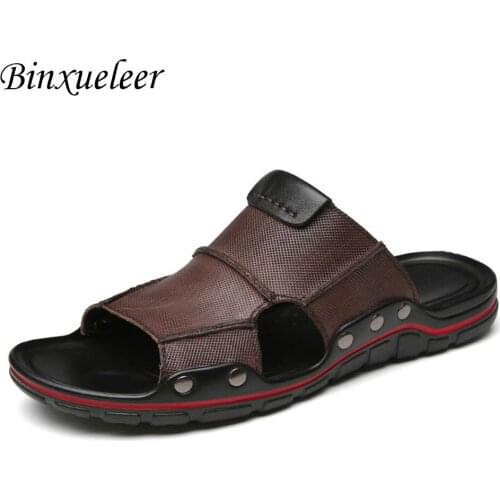 Summer Cow Leather Slippers Men Retro Sandals Open Toe Shoes Slides Male Filp Flops Plus Size Slippers 2019 New