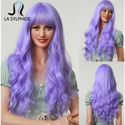 La Sylphide Synthetic Cosplay Wig Long Wave Purple Synthetic Hair Wigs with Bangs for Woman Heat Resistant Fiber Wig Party
