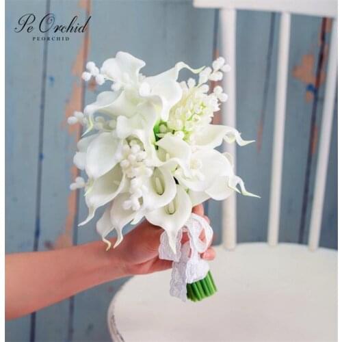 PEORCHID White Silk Calla Lily Bridal Bouquet Wedding Decoration fleur Artificielle Mariage Rustic Boho Bridesmaid Flowers